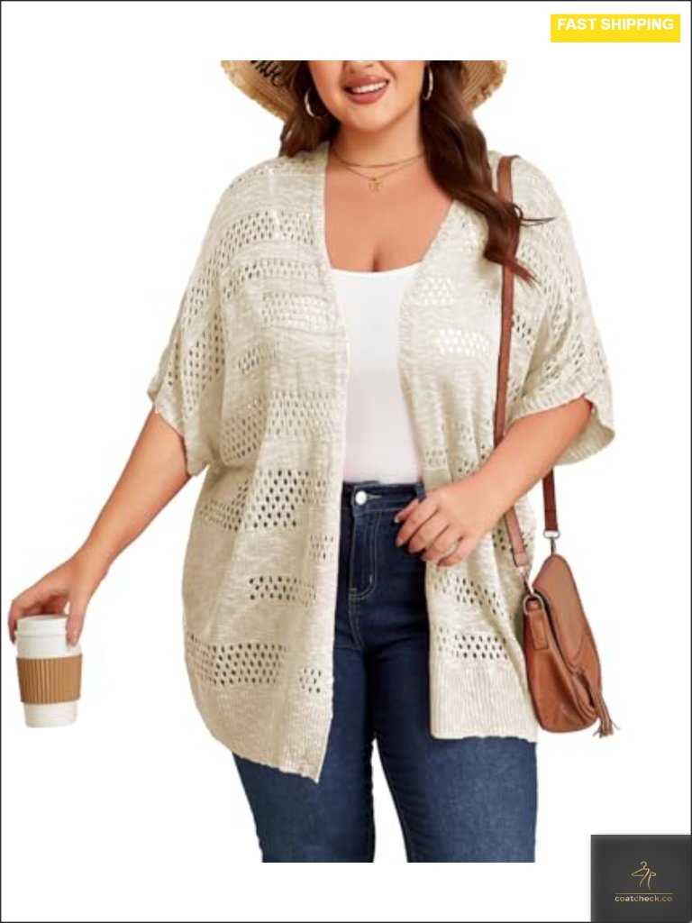 Plus Size Crochet Cardigan Kimono Oversized Open Front Knit Sweater Short